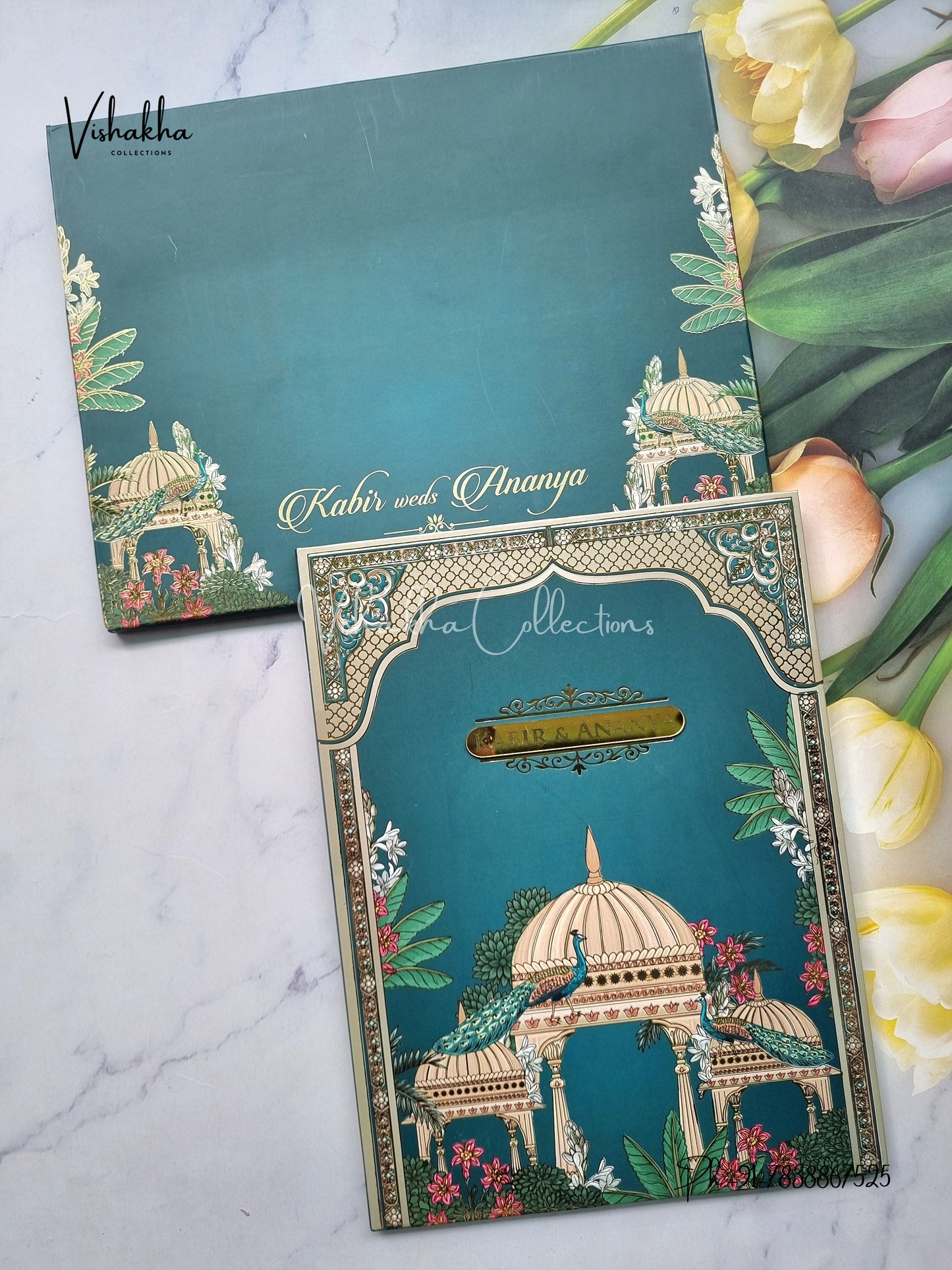 Peacock Hindu Muslim Christian Sikh Padded dark green Colored invitation Cards SK-3485