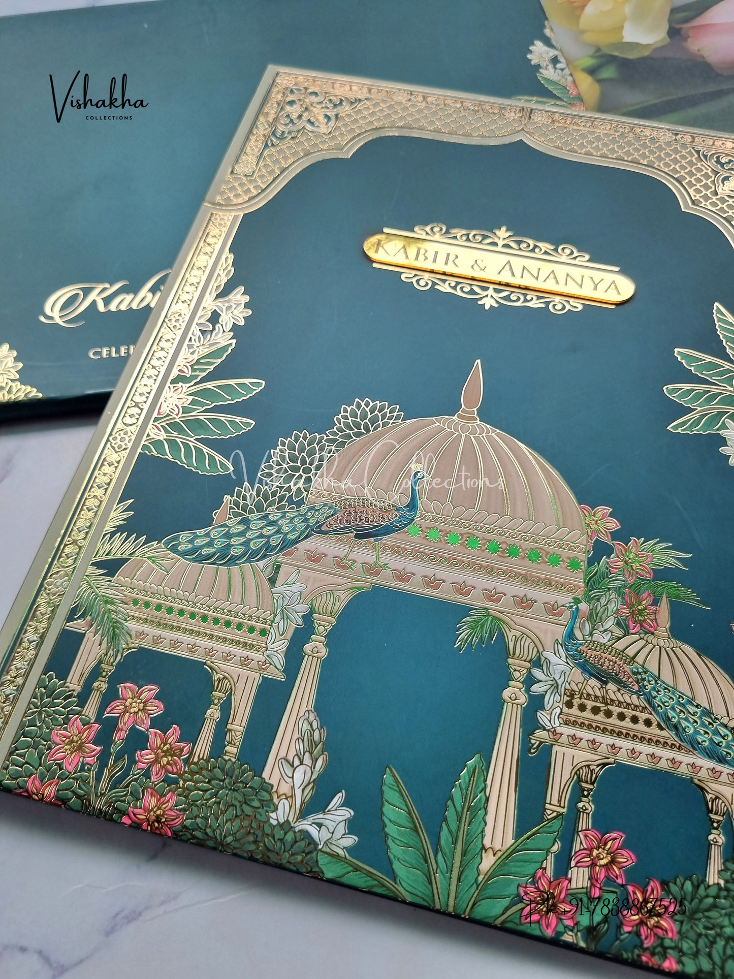 Peacock Hindu Muslim Christian Sikh Padded dark green Colored invitation Cards SK-3485