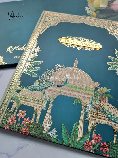 Peacock Hindu Muslim Christian Sikh Padded dark green Colored invitation Cards SK-3485