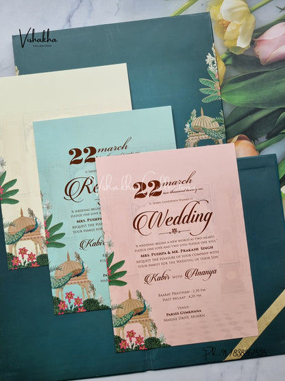 Peacock Hindu Muslim Christian Sikh Padded dark green Colored invitation Cards SK-3485