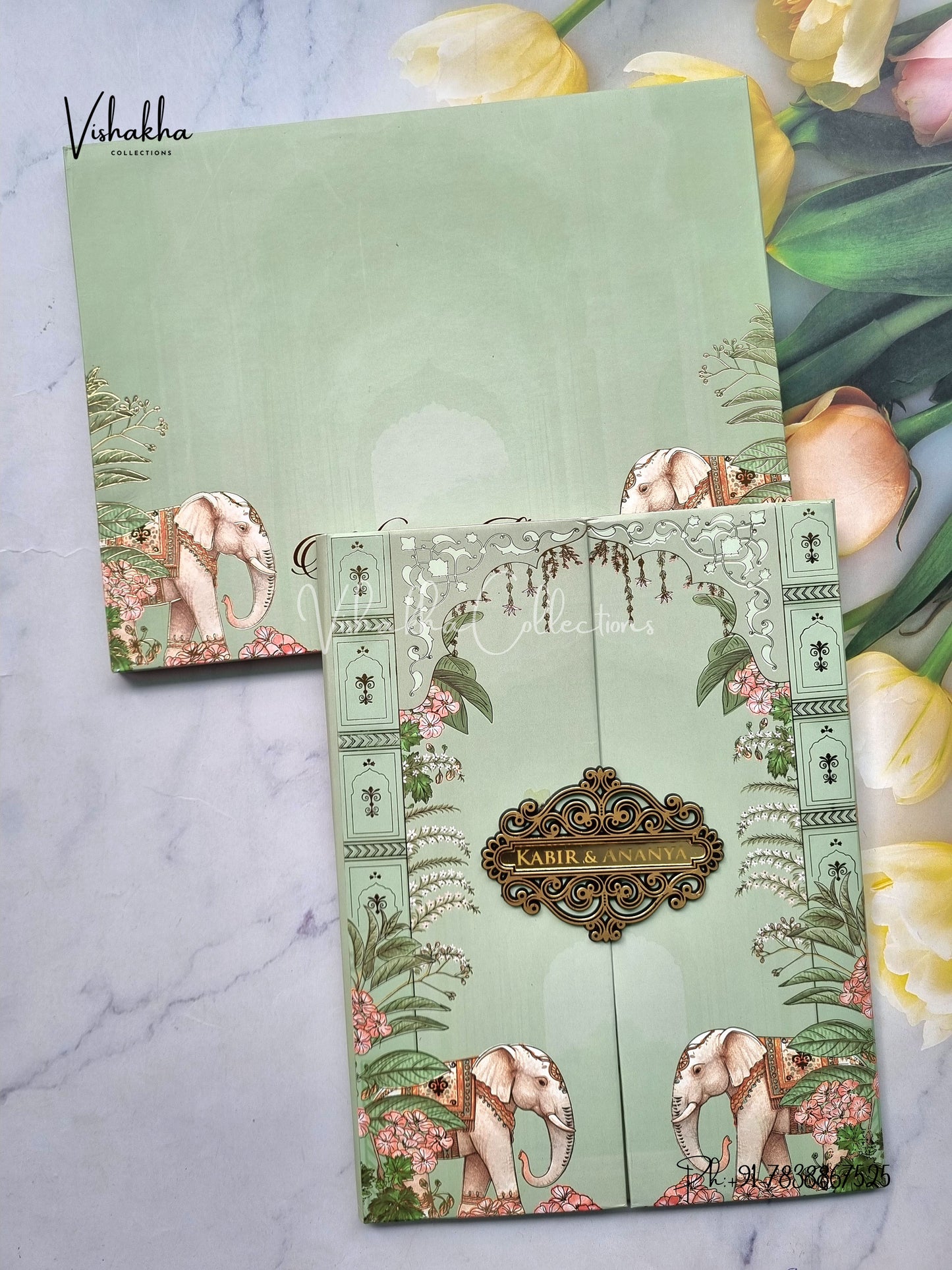 Hathi Hindu Muslim Christian Sikh Padded pista green Colored invitation Cards SK-3486