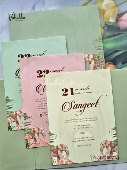 Hathi Hindu Muslim Christian Sikh Padded pista green Colored invitation Cards SK-3486