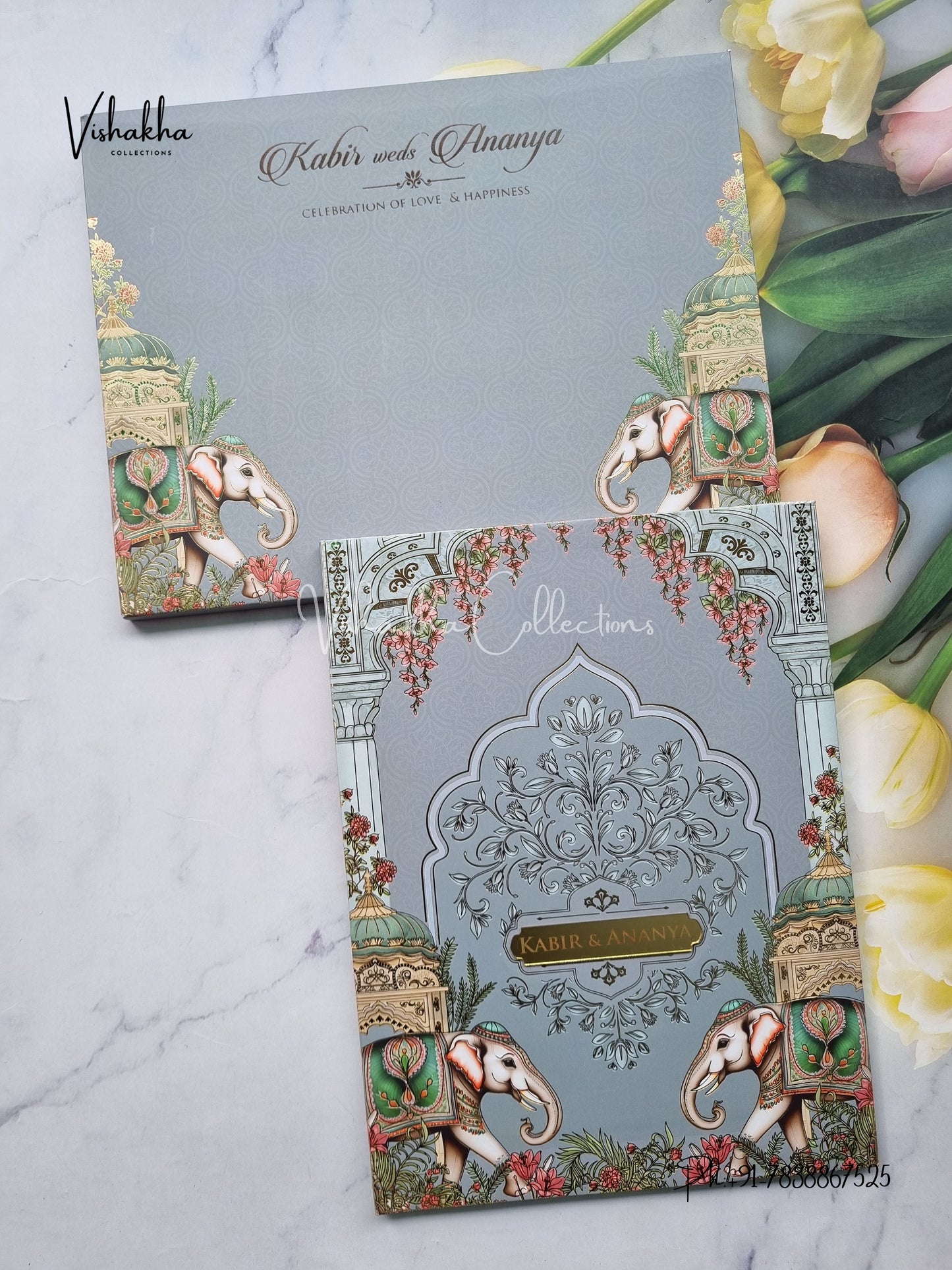 Hathi Hindu Muslim Christian Sikh Padded greyish blue Colored invitation Cards SK-3488