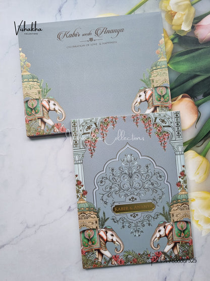 Hathi Hindu Muslim Christian Sikh Padded greyish blue Colored invitation Cards SK-3488