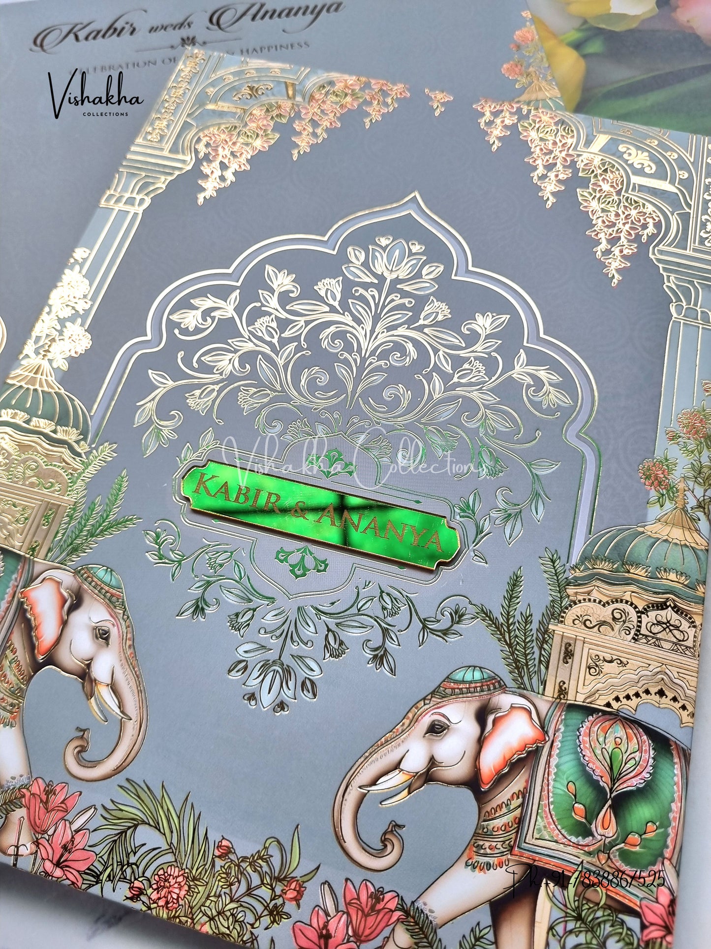 Hathi Hindu Muslim Christian Sikh Padded greyish blue Colored invitation Cards SK-3488