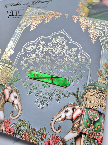 Hathi Hindu Muslim Christian Sikh Padded greyish blue Colored invitation Cards SK-3488