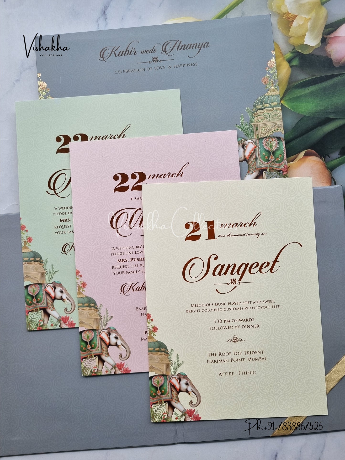 Hathi Hindu Muslim Christian Sikh Padded greyish blue Colored invitation Cards SK-3488