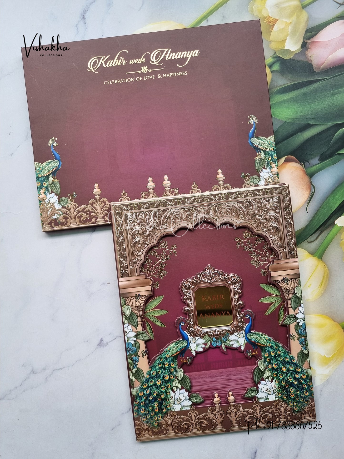Peacock Hindu Muslim Christian Sikh Padded MDF Board Laser Cut dark mehroon Colored invitation Cards SK-3489