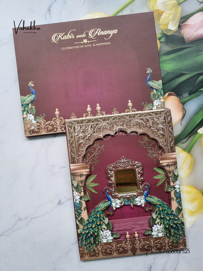 Peacock Hindu Muslim Christian Sikh Padded MDF Board Laser Cut dark mehroon Colored invitation Cards SK-3489