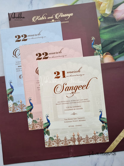 Peacock Hindu Muslim Christian Sikh Padded MDF Board Laser Cut dark mehroon Colored invitation Cards SK-3489