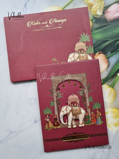 Hathi Hindu Muslim Christian Sikh Padded MDF Board Laser Cut dark mehroon Colored invitation Cards SK-3490
