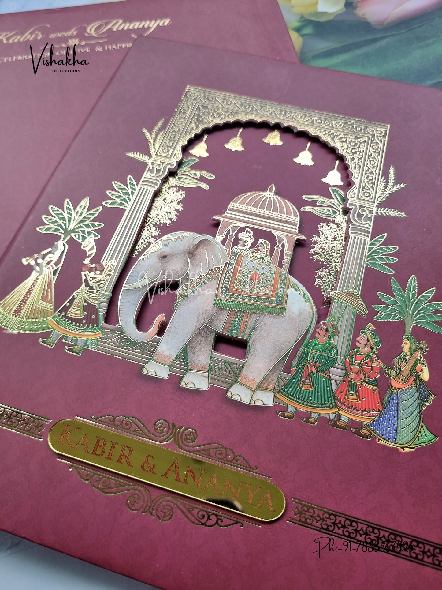 Hathi Hindu Muslim Christian Sikh Padded MDF Board Laser Cut dark mehroon Colored invitation Cards SK-3490