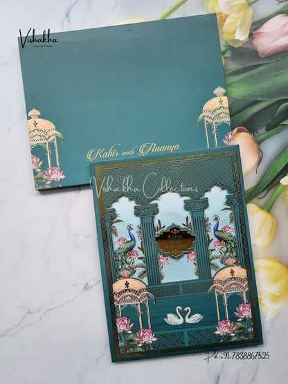 Peacock Hindu Muslim Christian Sikh Padded aqua green Colored invitation Cards SK-3491