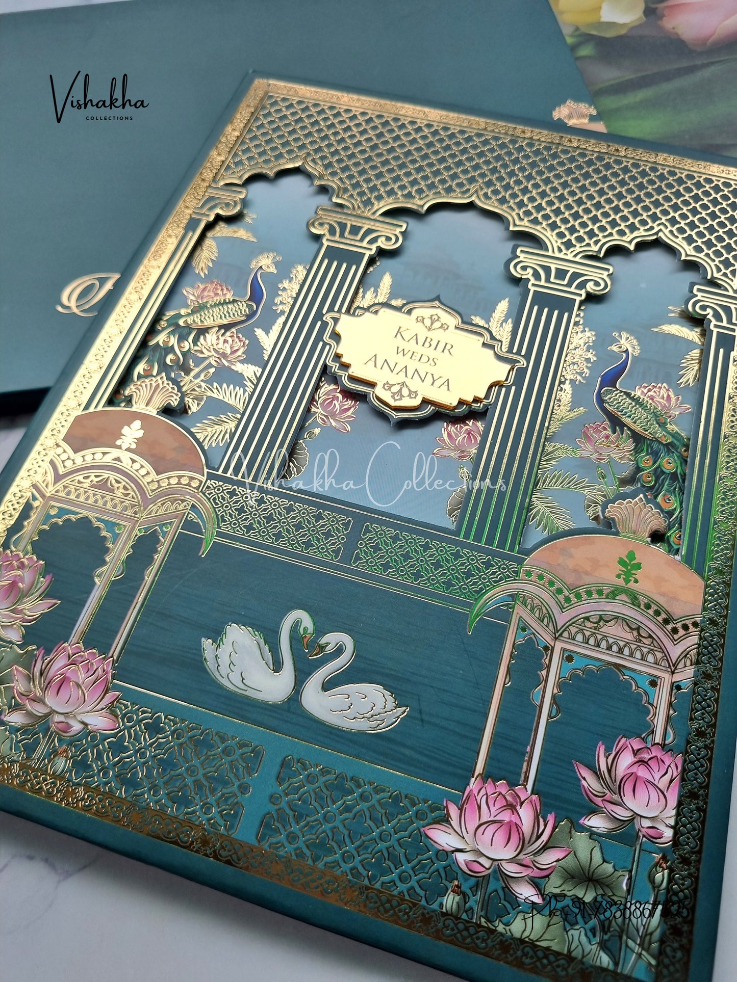 Peacock Hindu Muslim Christian Sikh Padded aqua green Colored invitation Cards SK-3491