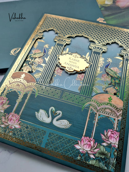 Peacock Hindu Muslim Christian Sikh Padded aqua green Colored invitation Cards SK-3491