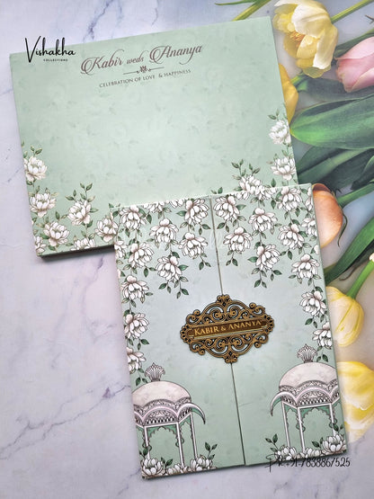 Hindu Muslim Christian Sikh Padded pista green Colored invitation Cards SK-3493