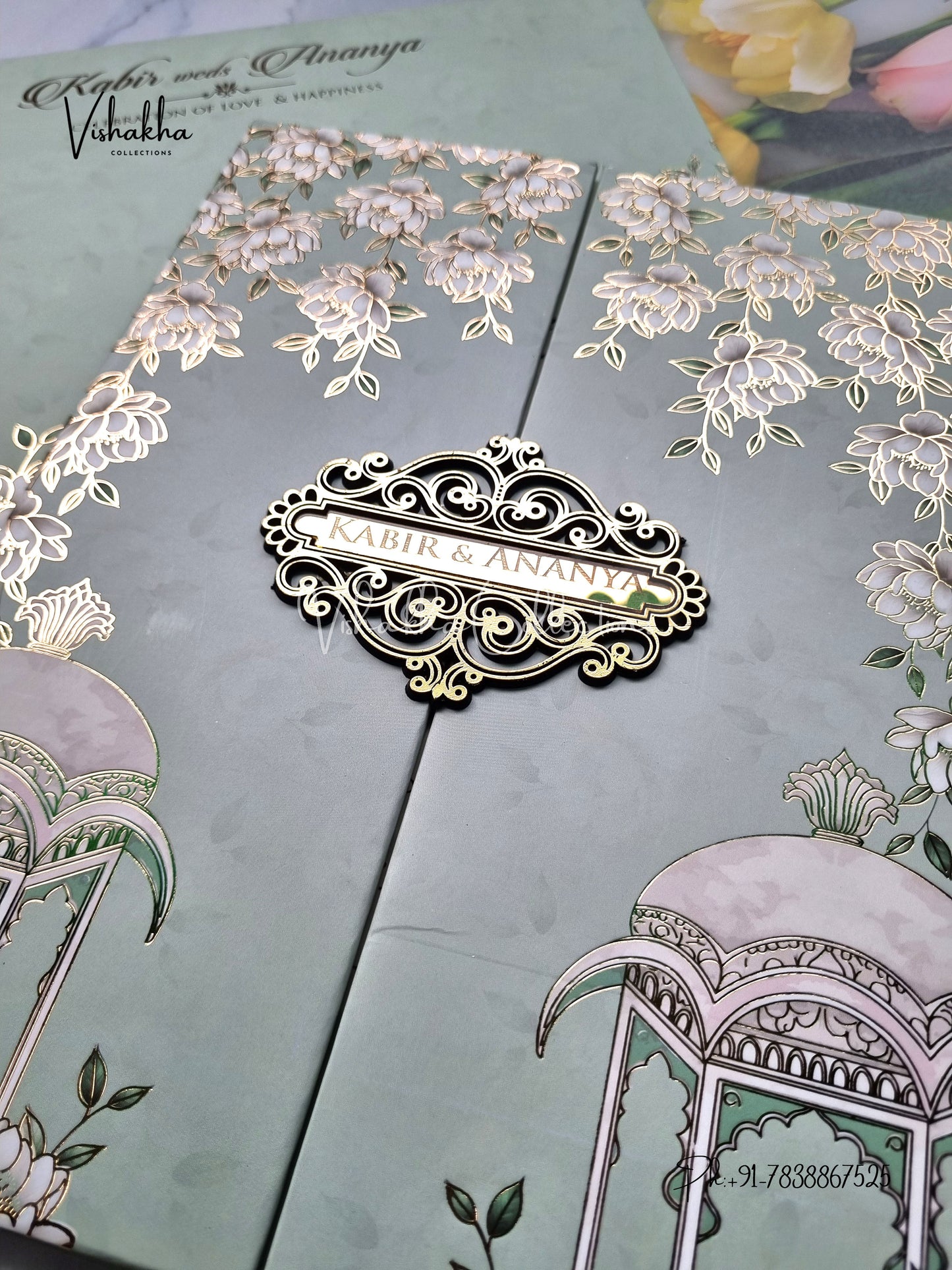 Hindu Muslim Christian Sikh Padded pista green Colored invitation Cards SK-3493