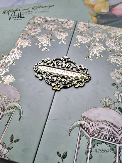 Hindu Muslim Christian Sikh Padded pista green Colored invitation Cards SK-3493