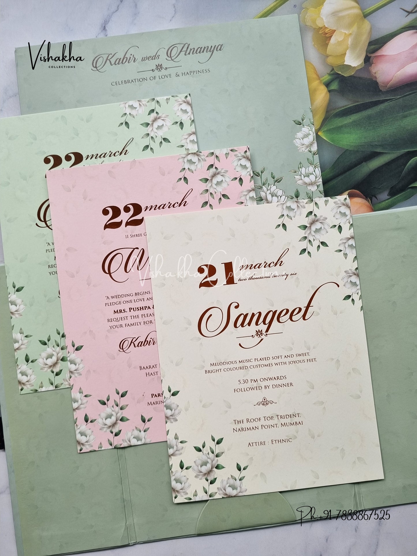 Hindu Muslim Christian Sikh Padded pista green Colored invitation Cards SK-3493