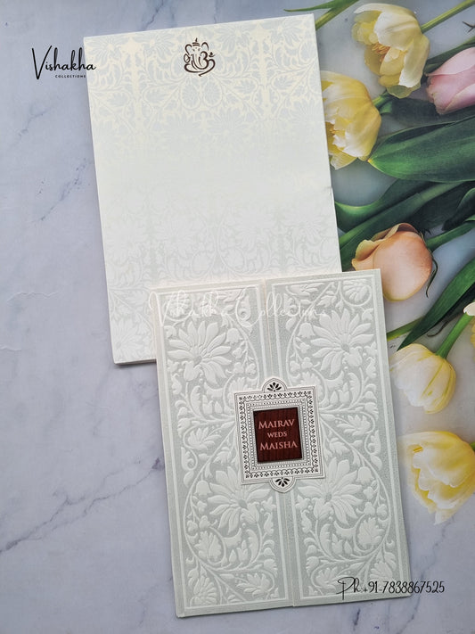 Semi Box Double Door Hindu Muslim Christian Sikh white Colored invitation Cards SK-3495