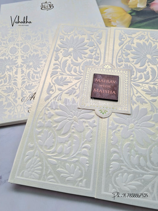 Semi Box Double Door Hindu Muslim Christian Sikh white Colored invitation Cards SK-3495