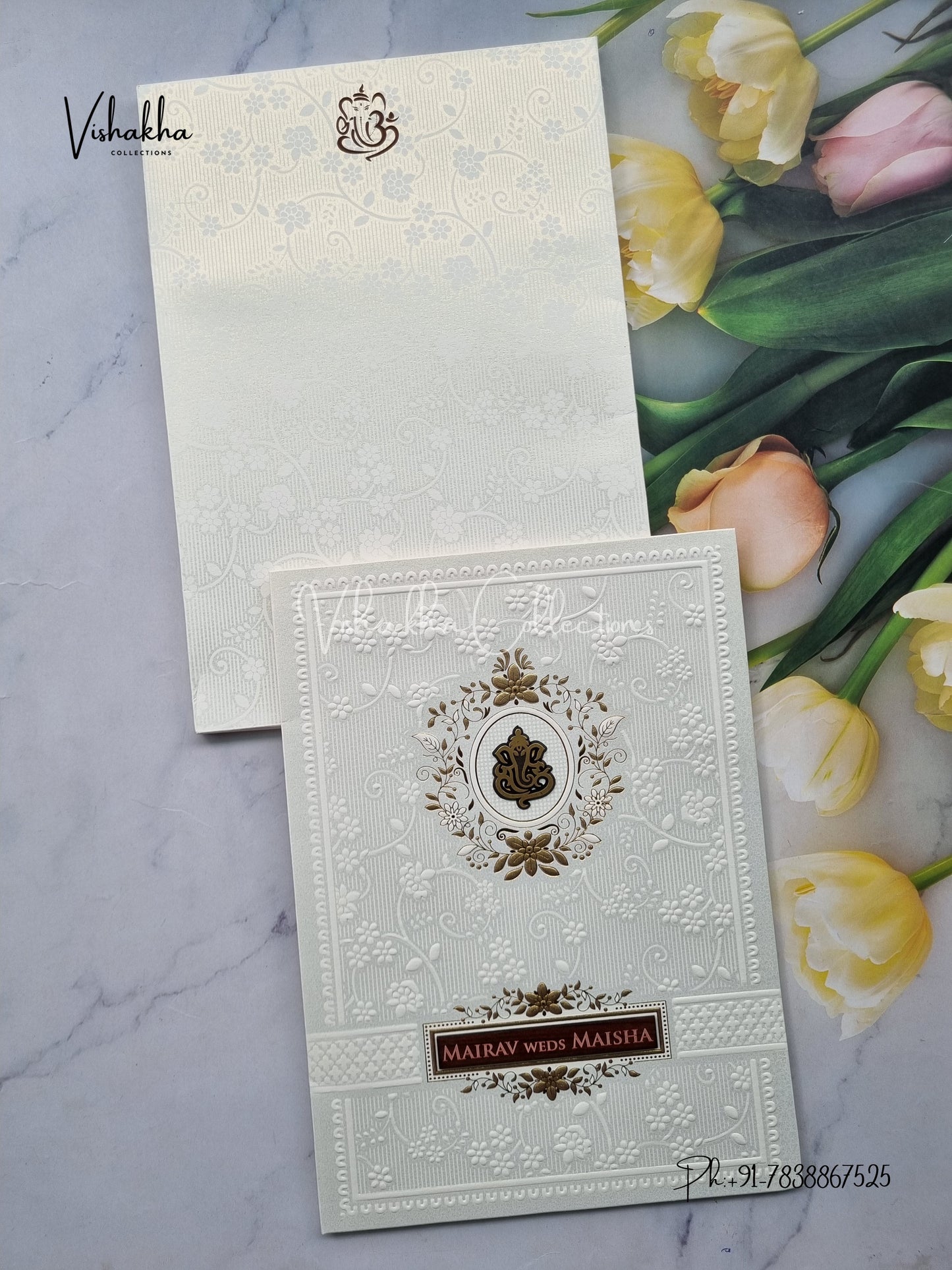 Semi Box Ganesh Ji Hindu white Colored invitation Cards SK-3497