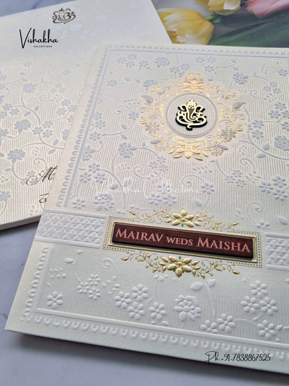 Semi Box Ganesh Ji Hindu white Colored invitation Cards SK-3497