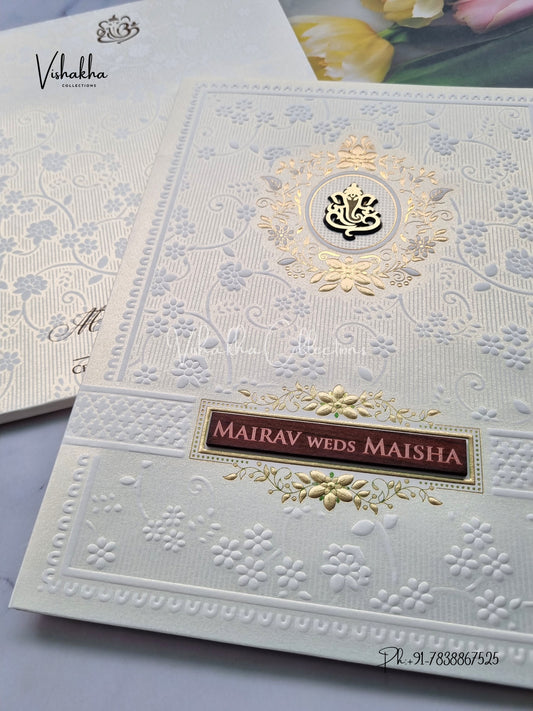 Semi Box Ganesh Ji Hindu white Colored invitation Cards SK-3497