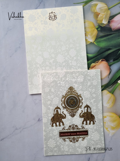 Semi Box Ganesh Ji Hindu white Colored invitation Cards SK-3498