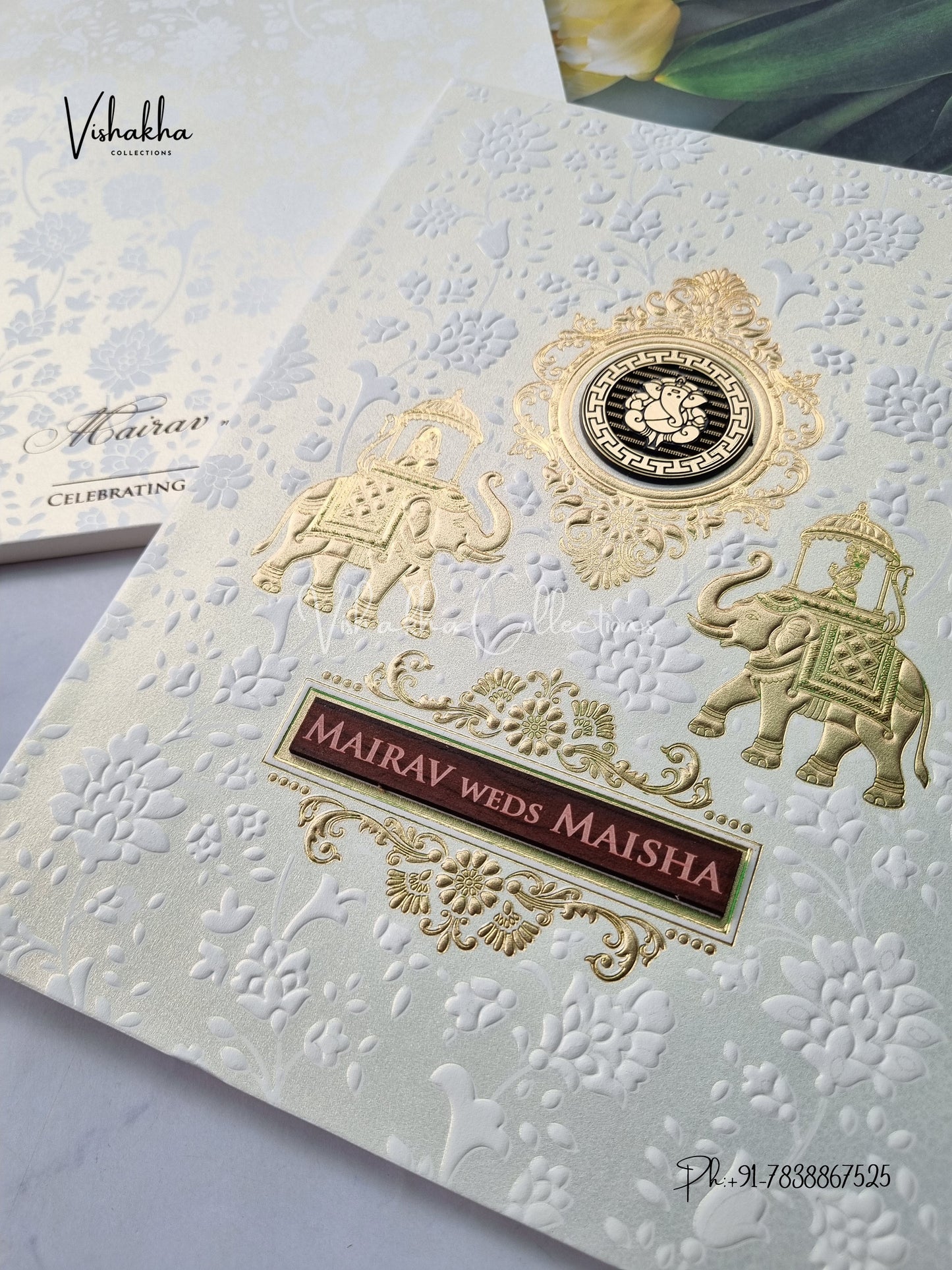 Semi Box Ganesh Ji Hindu white Colored invitation Cards SK-3498