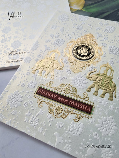 Semi Box Ganesh Ji Hindu white Colored invitation Cards SK-3498