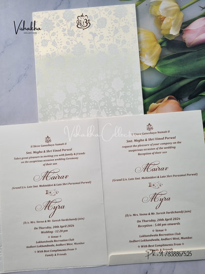 Semi Box Ganesh Ji Hindu white Colored invitation Cards SK-3498