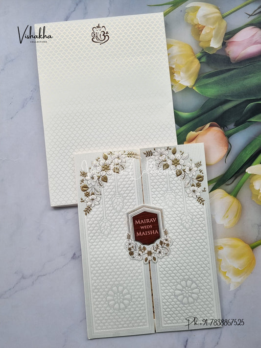 Semi Box Flower Double Door Hindu Muslim Christian Sikh white Colored invitation Cards SK-3499