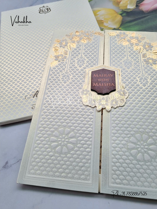 Semi Box Flower Double Door Hindu Muslim Christian Sikh white Colored invitation Cards SK-3499