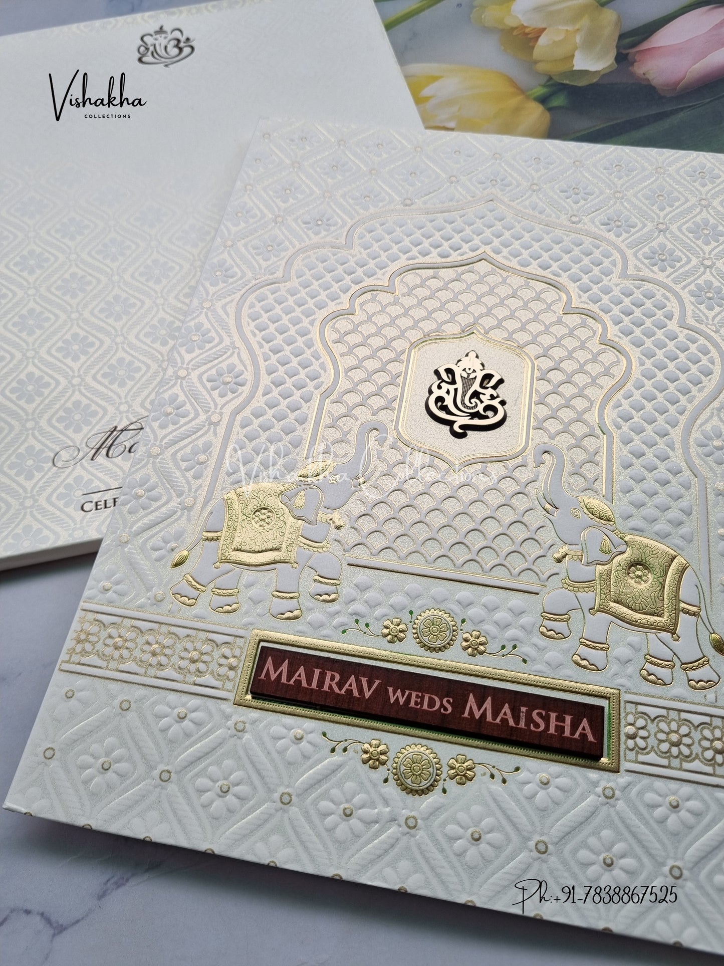Semi Box Hathi Ganesh Ji Hindu white and gold Colored invitation Cards SK-3500
