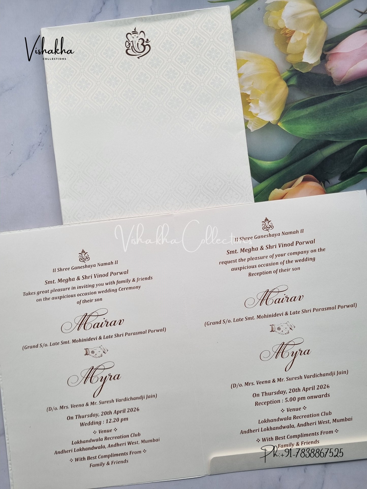 Semi Box Hathi Ganesh Ji Hindu white and gold Colored invitation Cards SK-3500