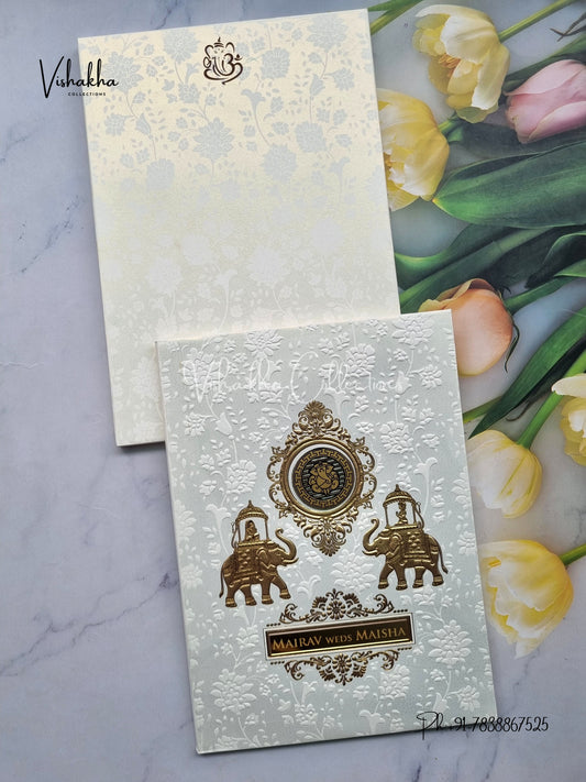 Semi Box Hathi Hindu Muslim Christian Sikh Padded white gold Colored invitation Cards SK-3503