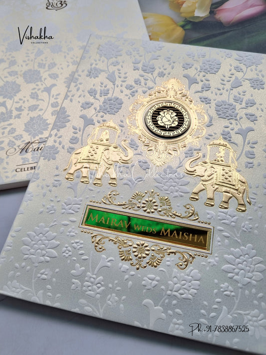 Semi Box Hathi Hindu Muslim Christian Sikh Padded white gold Colored invitation Cards SK-3503