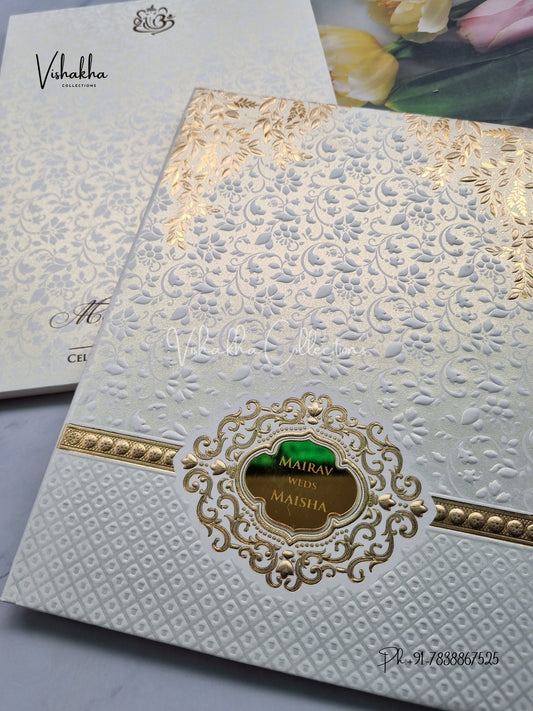 Semi Box Hindu Muslim Christian Sikh Padded white gold Colored invitation Cards SK-3505