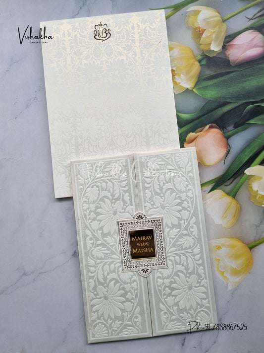 Semi Box Double Door Hindu Muslim Christian Sikh Padded white Colored invitation Cards SK-3506