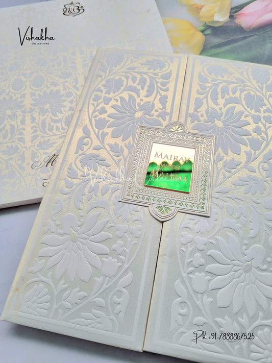 Semi Box Double Door Hindu Muslim Christian Sikh Padded white Colored invitation Cards SK-3506
