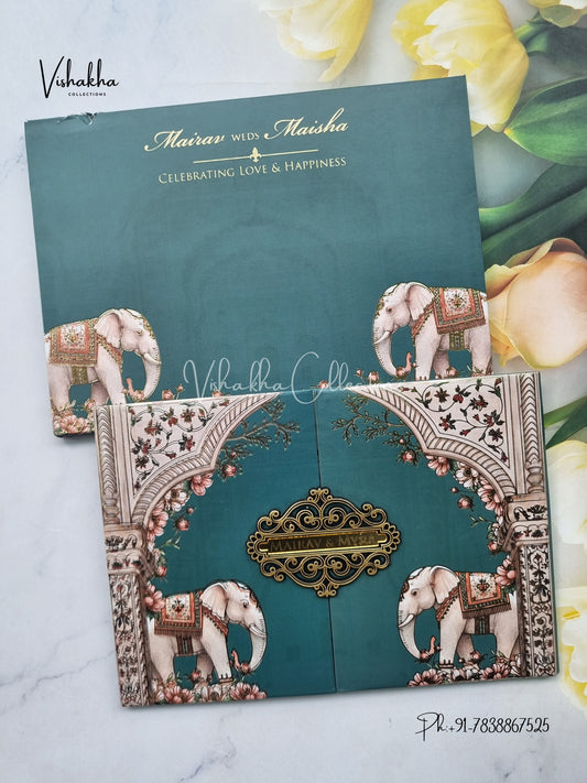 Semi Box Hathi Flower Double Door Hindu Muslim Christian Sikh dark green Colored invitation Cards SK-3508