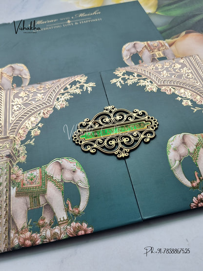Semi Box Hathi Flower Double Door Hindu Muslim Christian Sikh dark green Colored invitation Cards SK-3508