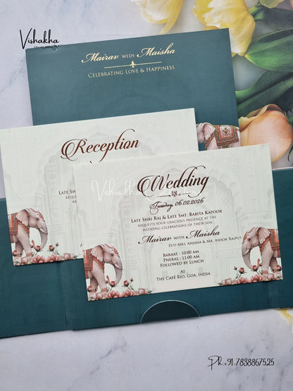 Semi Box Hathi Flower Double Door Hindu Muslim Christian Sikh dark green Colored invitation Cards SK-3508