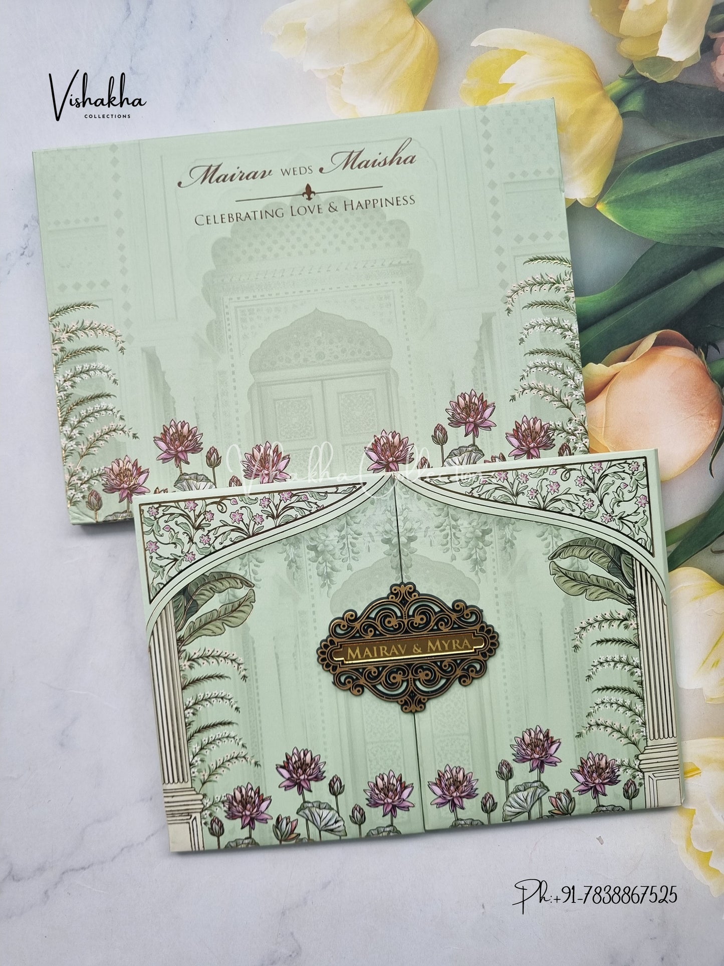 Semi Box Flower Double Door Hindu Muslim Christian Sikh pista green Colored invitation Cards SK-3510
