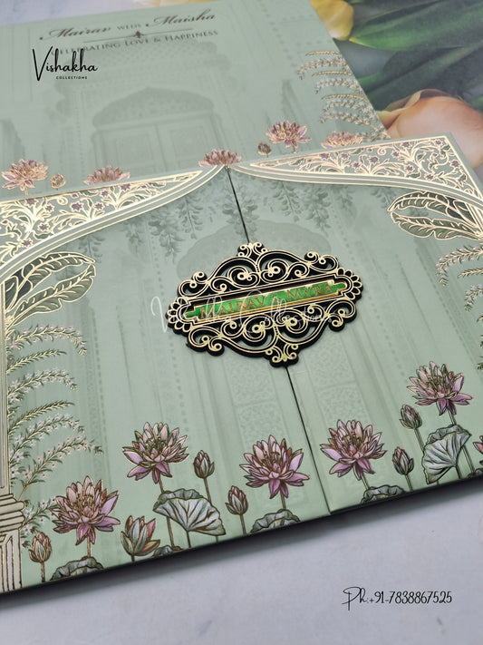 Semi Box Flower Double Door Hindu Muslim Christian Sikh pista green Colored invitation Cards SK-3510