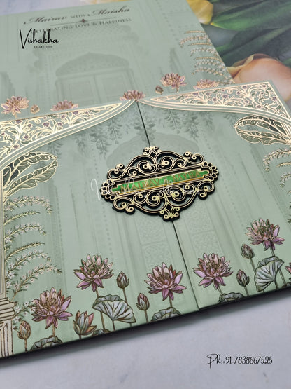 Semi Box Flower Double Door Hindu Muslim Christian Sikh pista green Colored invitation Cards SK-3510