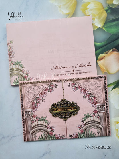 Semi Box Flower Double Door Hindu Muslim Christian Sikh pink Colored invitation Cards SK-3511