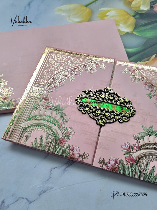 Semi Box Flower Double Door Hindu Muslim Christian Sikh pink Colored invitation Cards SK-3511