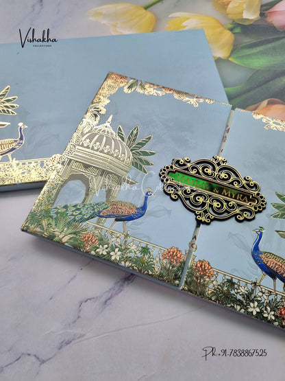 Semi Box Flower Double Door Hindu Muslim Christian Sikh blue Colored invitation Cards SK-3512